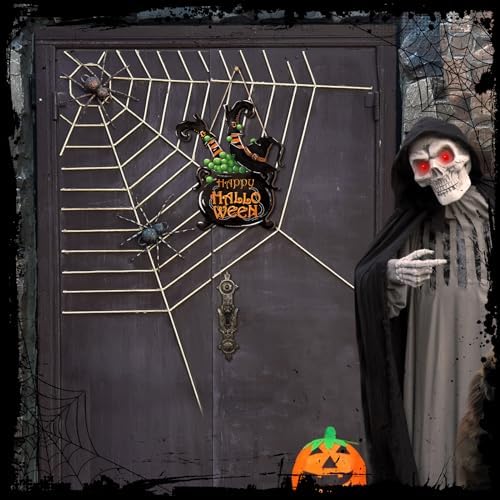 Barydat Halloween Welcome Door Sign Skeleton Pumpkin Wreath Decor