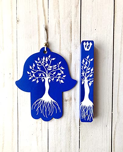 Tree of Life Hamsa Mezuzah Gift Set Dark Blue