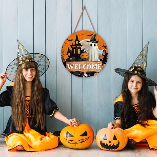 Zyoge Halloween Welcome Sign with Ghost and Pumpkin Design
