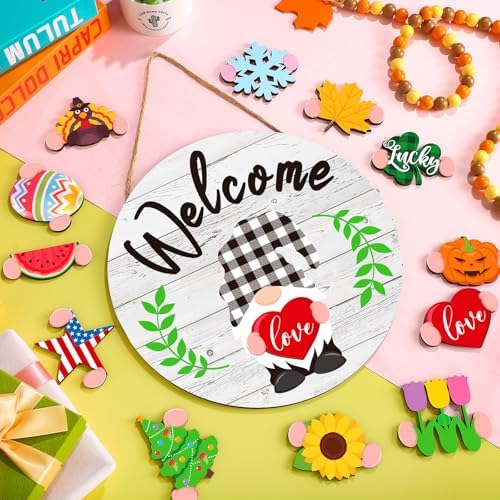 Geetery 12 Inch Decorative Welcome Sign with Interchangeable Holiday Symbols
