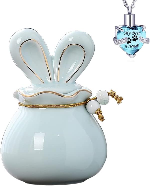 Antescort Ceramic Pet Ash Urn with Rabbit Ear Design Blue