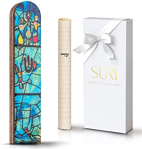 SURI Wooden Mezuzah with Turquoise Design 5 Easy Install Judaica
