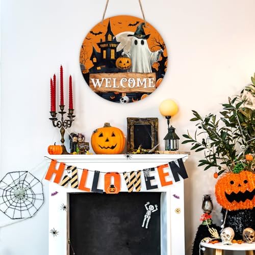 Zyoge Halloween Welcome Sign with Ghost and Pumpkin Design