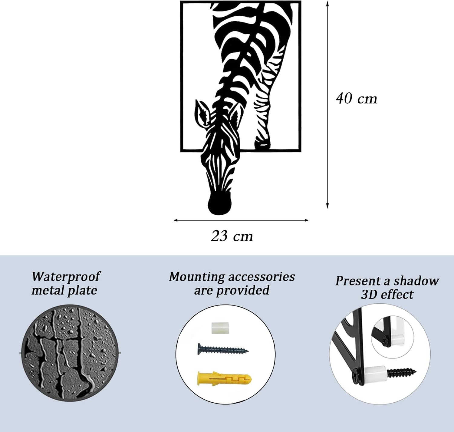 Huspox 3D Zebra Wall Art Decor Metal 40x23cm