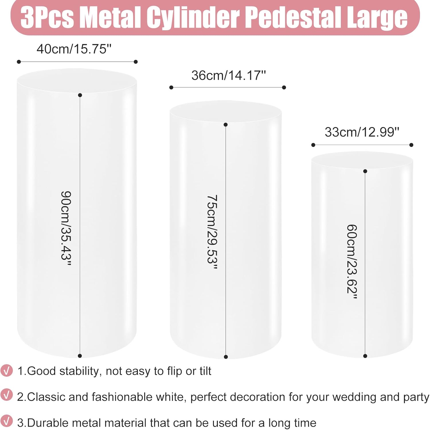 3PCS White Metal Cylinder Pedestal Stands for Parties