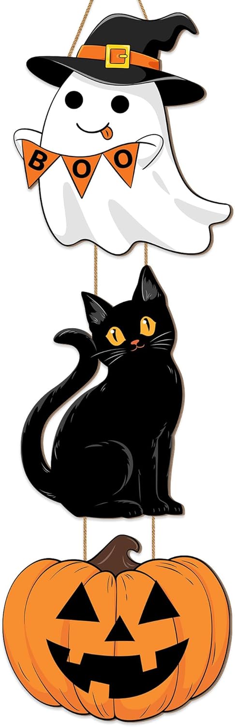 Halloween Decor Wooden Sign with Ghost and Cat