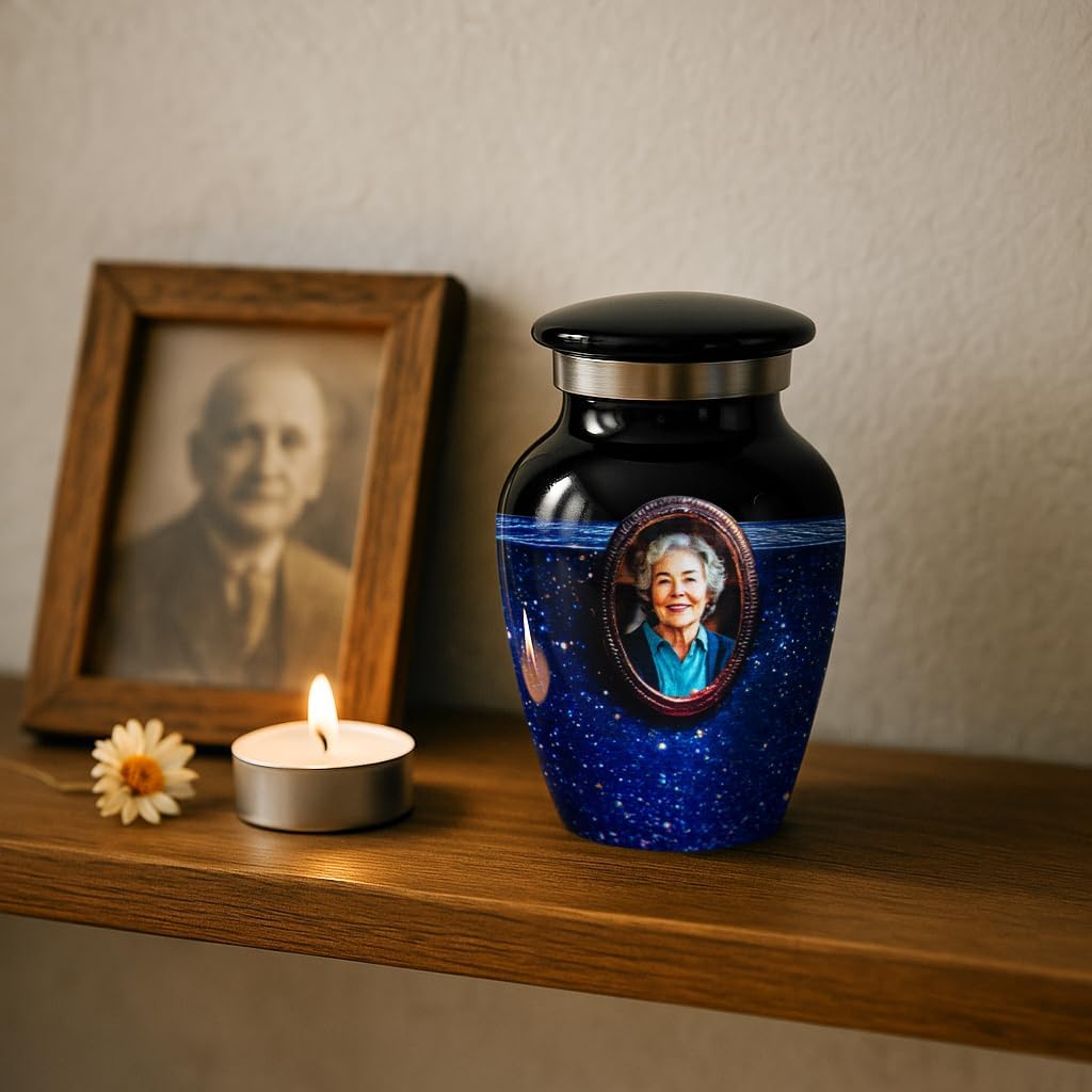 Blue Galaxy Photo Urn for Human Ashes - Personalized Cremation Keepsake