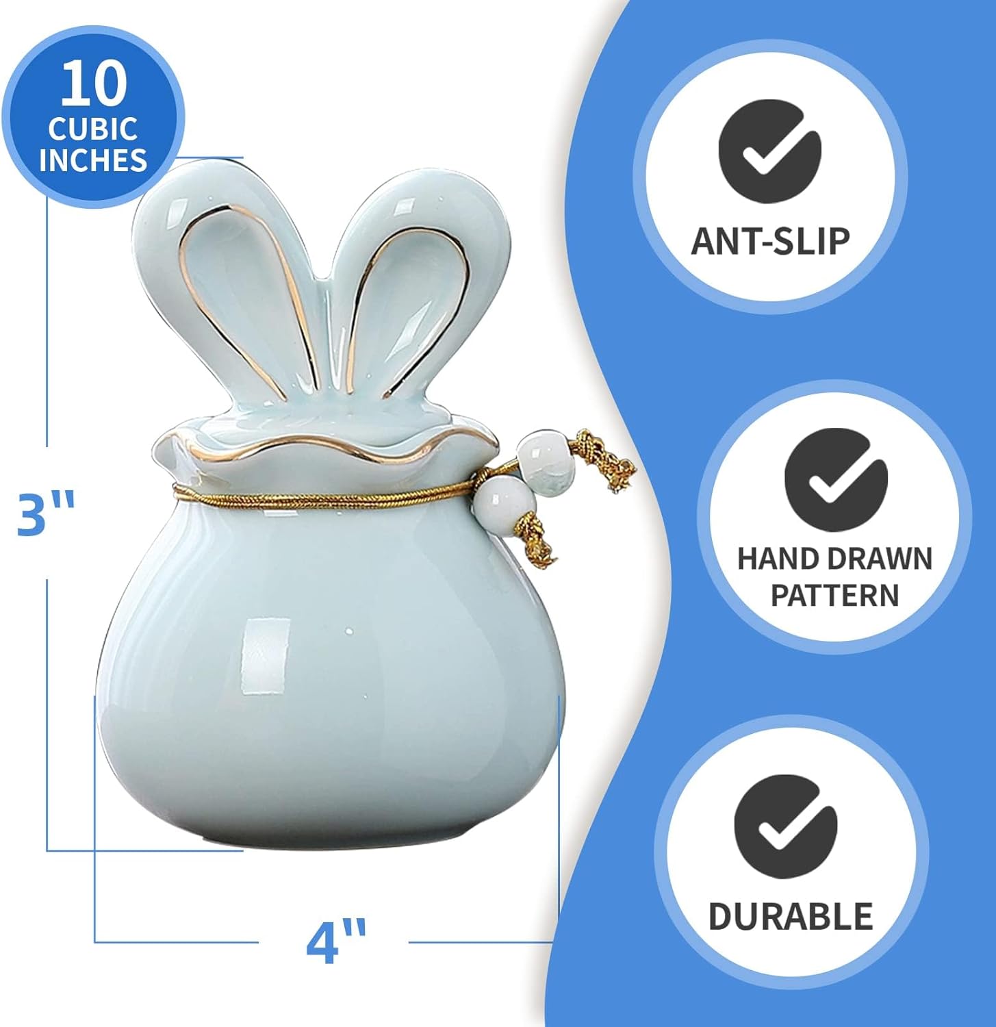 Antescort Ceramic Pet Ash Urn with Rabbit Ear Design Blue