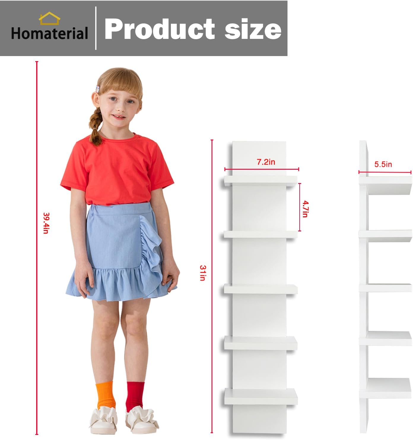 5 Tier Wall Shelf Unit White Vertical Floating Shelf 55
