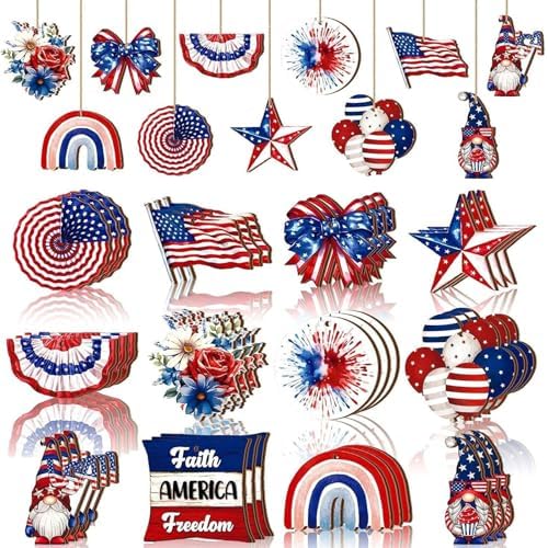 24 Pcs Fourth of July Hanging Ornaments with Rope