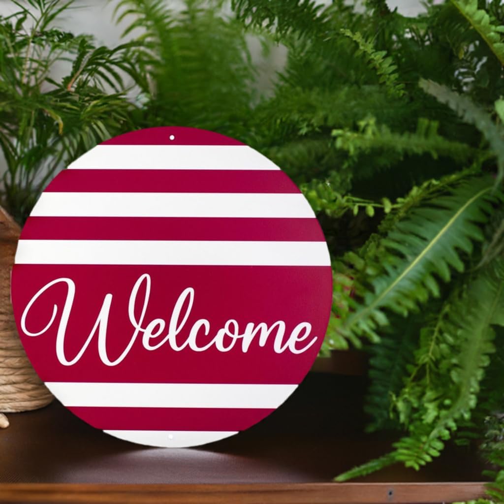 Craig Bachman Welcome Round Metal Sign Red White Stripes