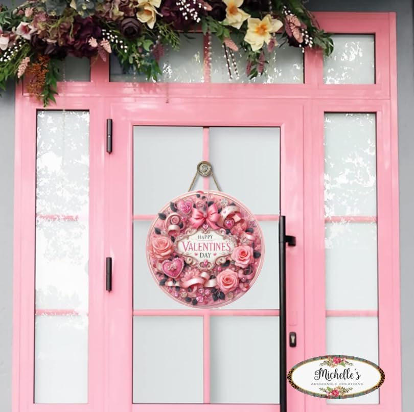 Victorian Valentines Day Pink Round Metal Wall Art Sign Door Hanger