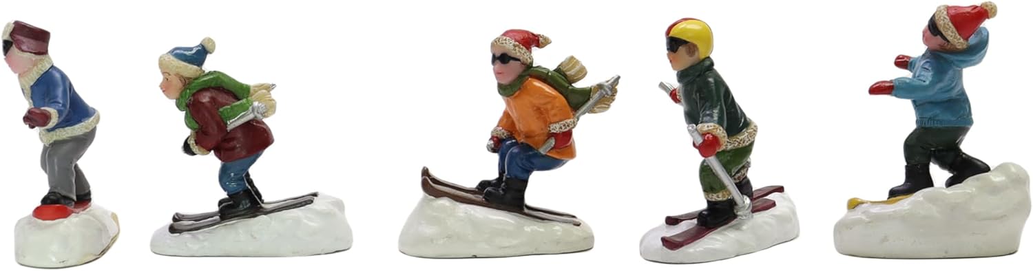 Moments in Time Set of 5 Hand-Painted Christmas Village Skiing Figures