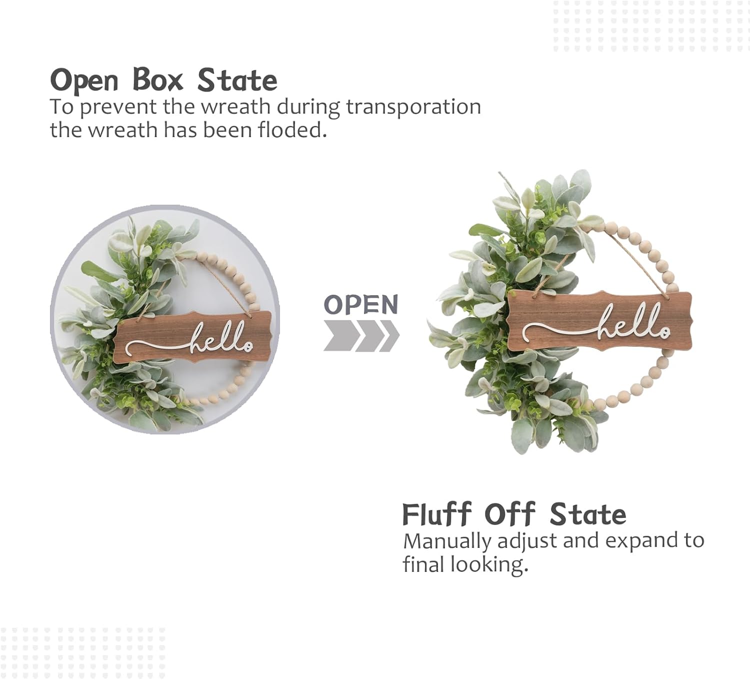 Farmhouse Green Wreath with Wood Beads and Artificial Leaves