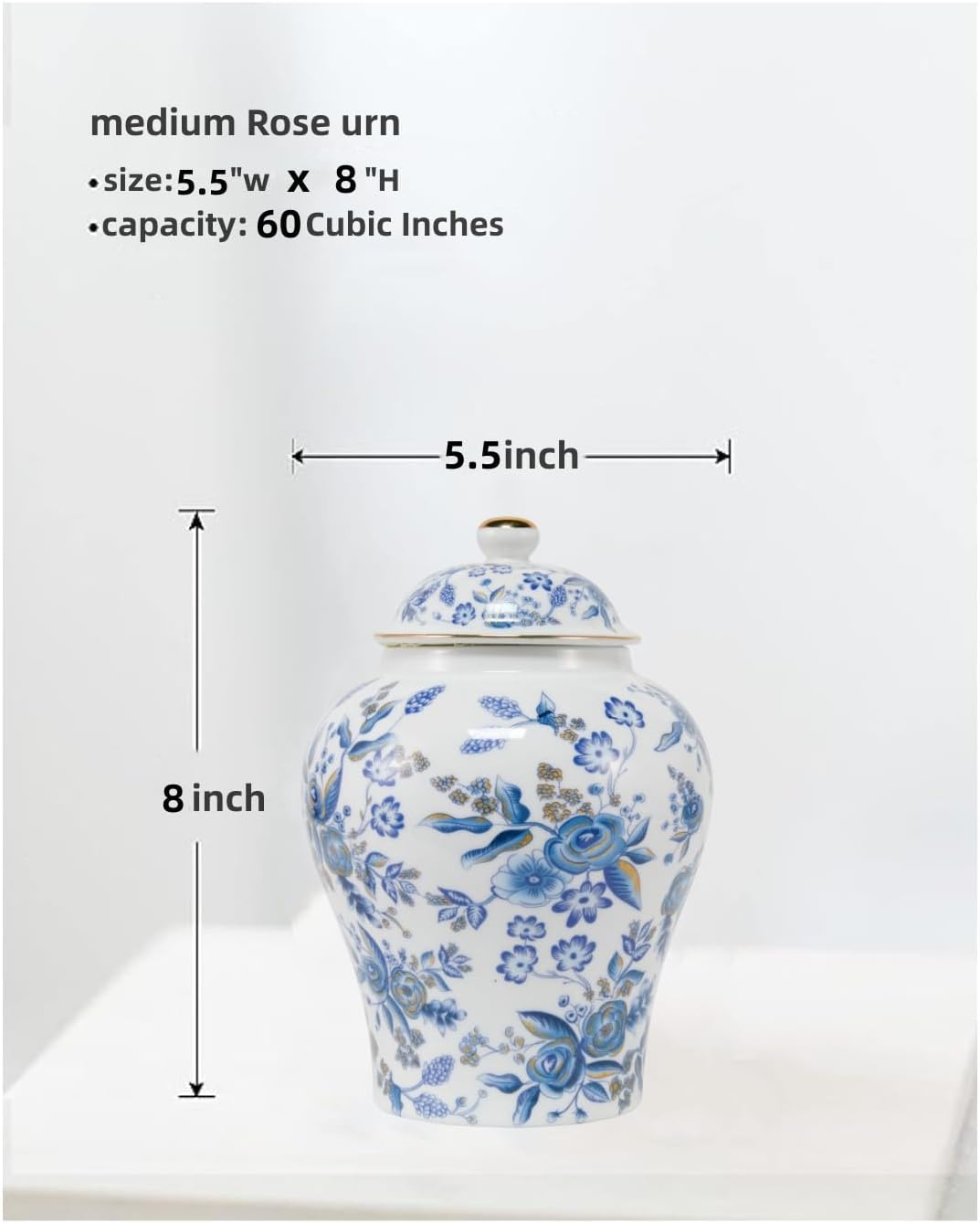 8 Inches Blue Rose Ceramic Urn for Female Keepsake