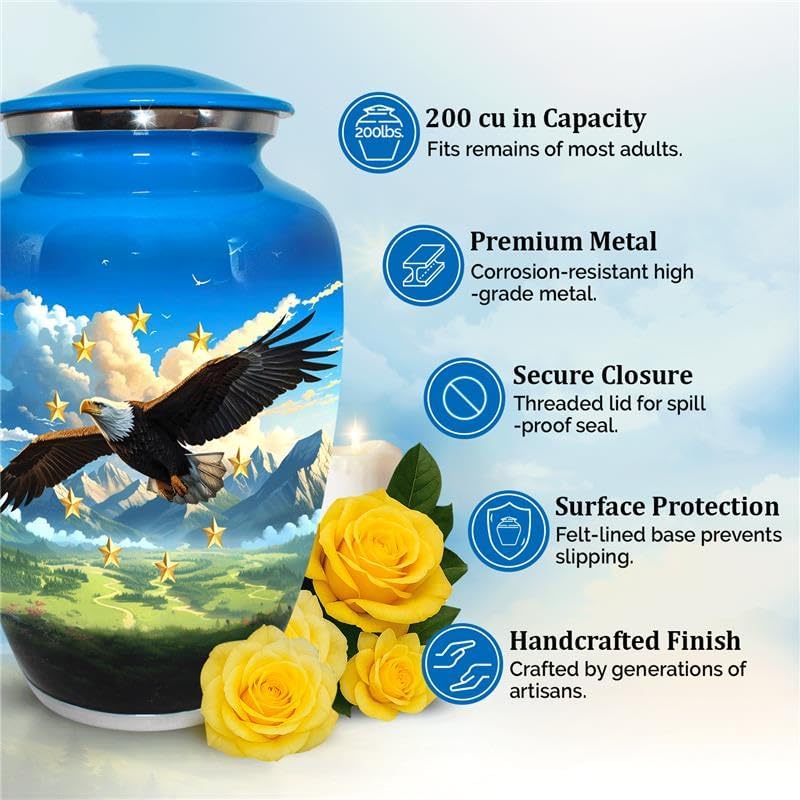 Eagle Flag Cremation Urn for Adult Male - Patriotic Cobalt Blue Large