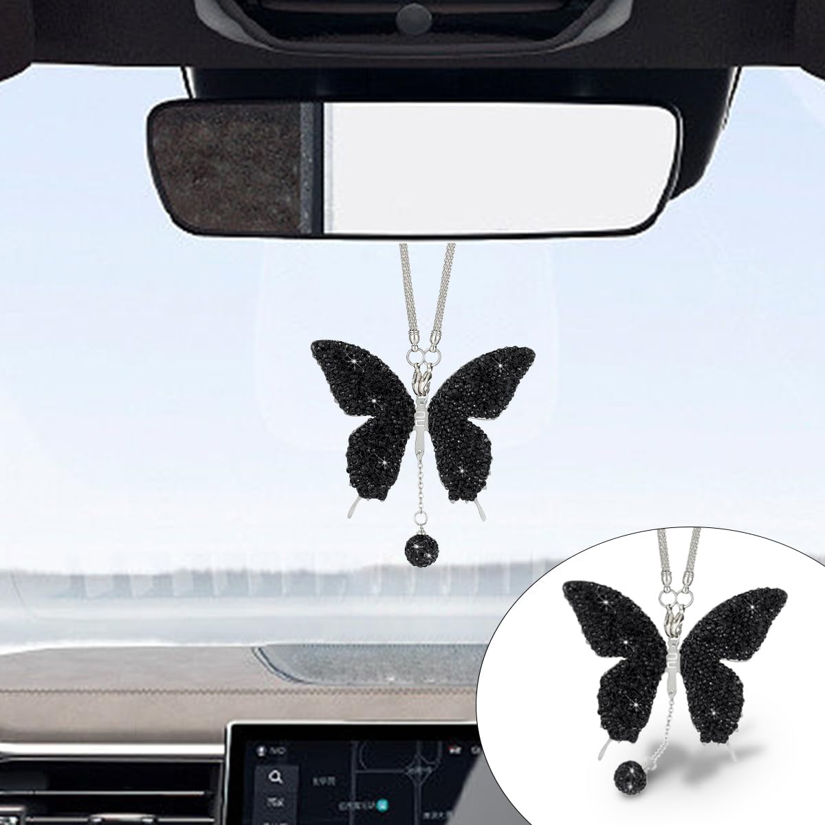 Bling Butterfly Diamond Car Hanging Accessory - Black