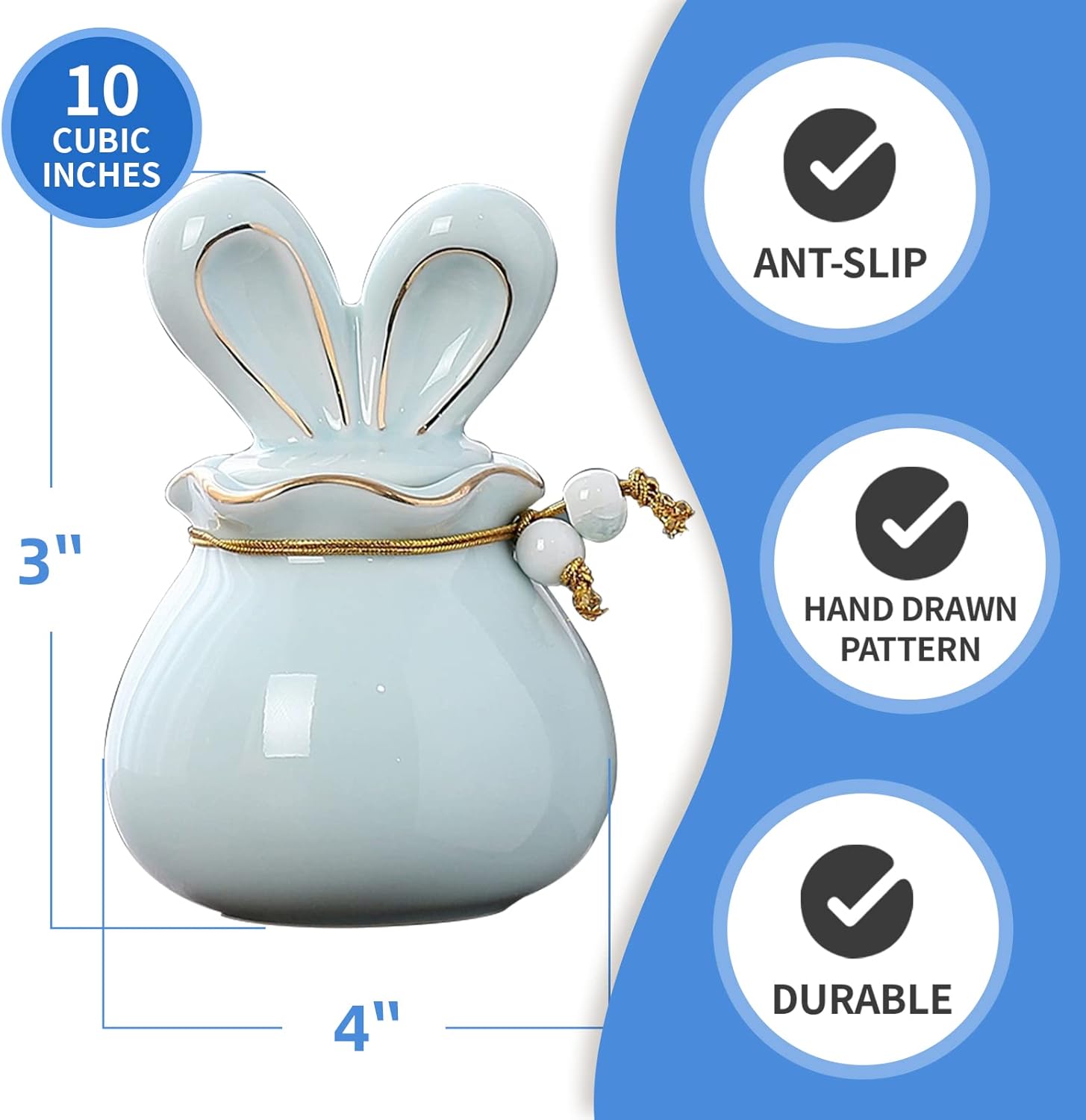 Antescort Ceramic Pet Ash Urn with Rabbit Ear Design Blue