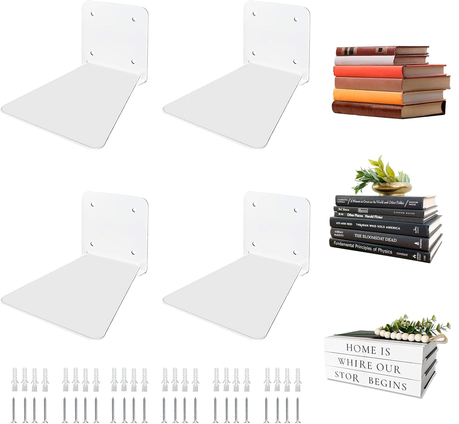 Invisible Floating Bookshelf Modern White Wall Mount Metal Shelves 4PCS