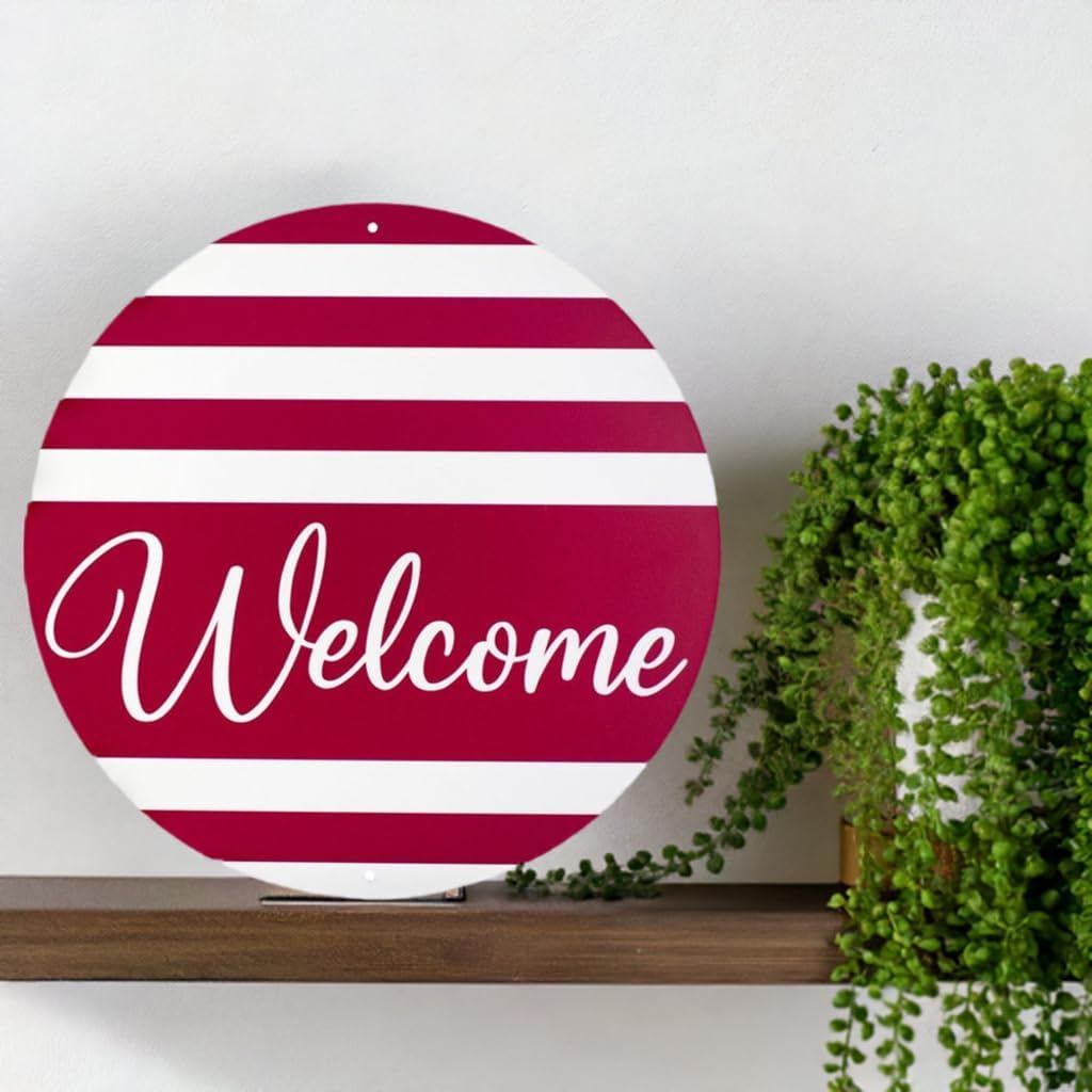 Craig Bachman Welcome Round Metal Sign Red White Stripes