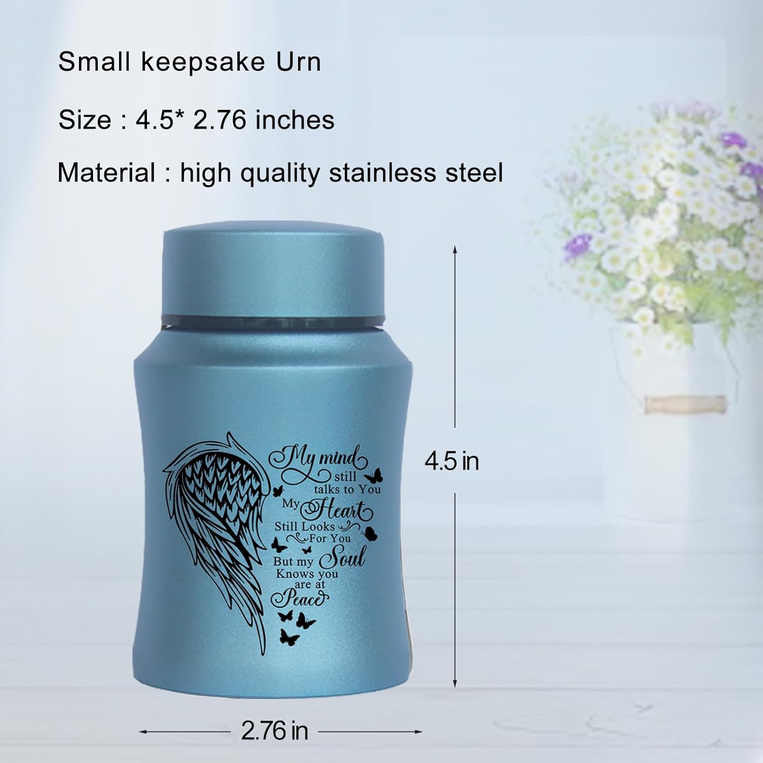 45 Inch Small Urn Stainless Steel Heart Shape Memorial Ashes Container Blue