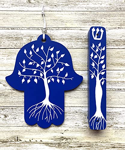 Tree of Life Hamsa Mezuzah Gift Set Dark Blue