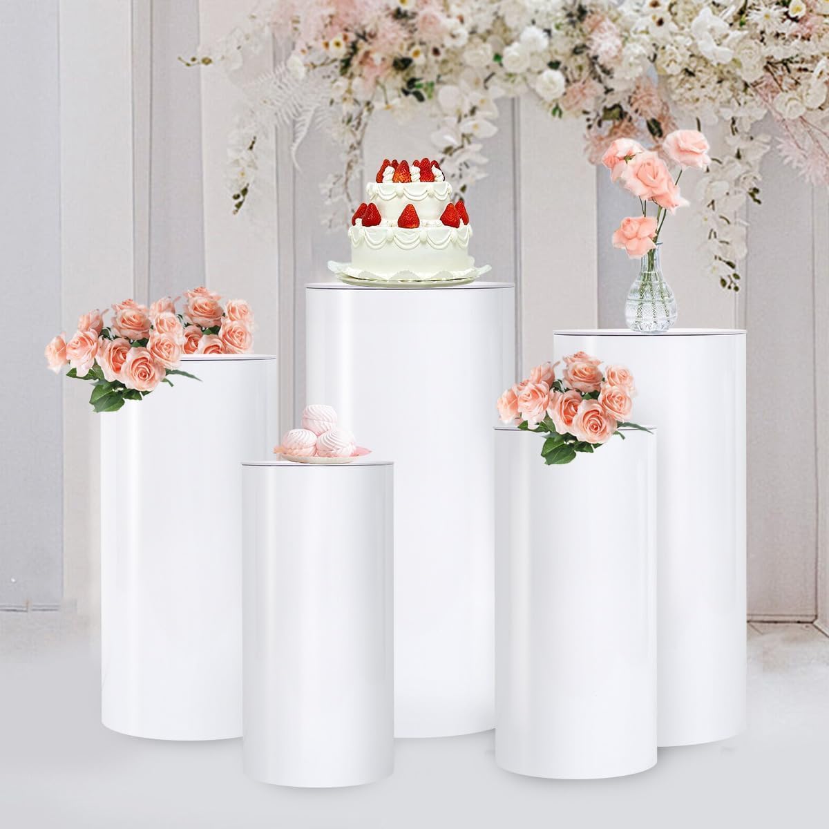 Vincidern 5PCS White Cylinder Pedestal Stand for Events