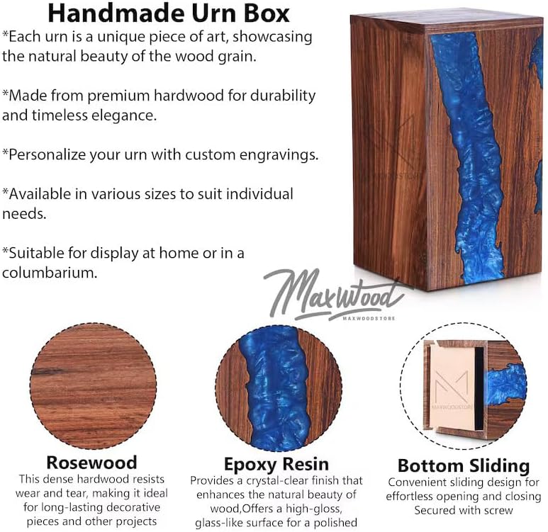 Handcrafted Rosewood Memorial Urn Box - Blue Resin Design