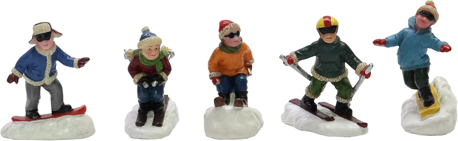 Moments in Time Set of 5 Hand-Painted Christmas Village Skiing Figures