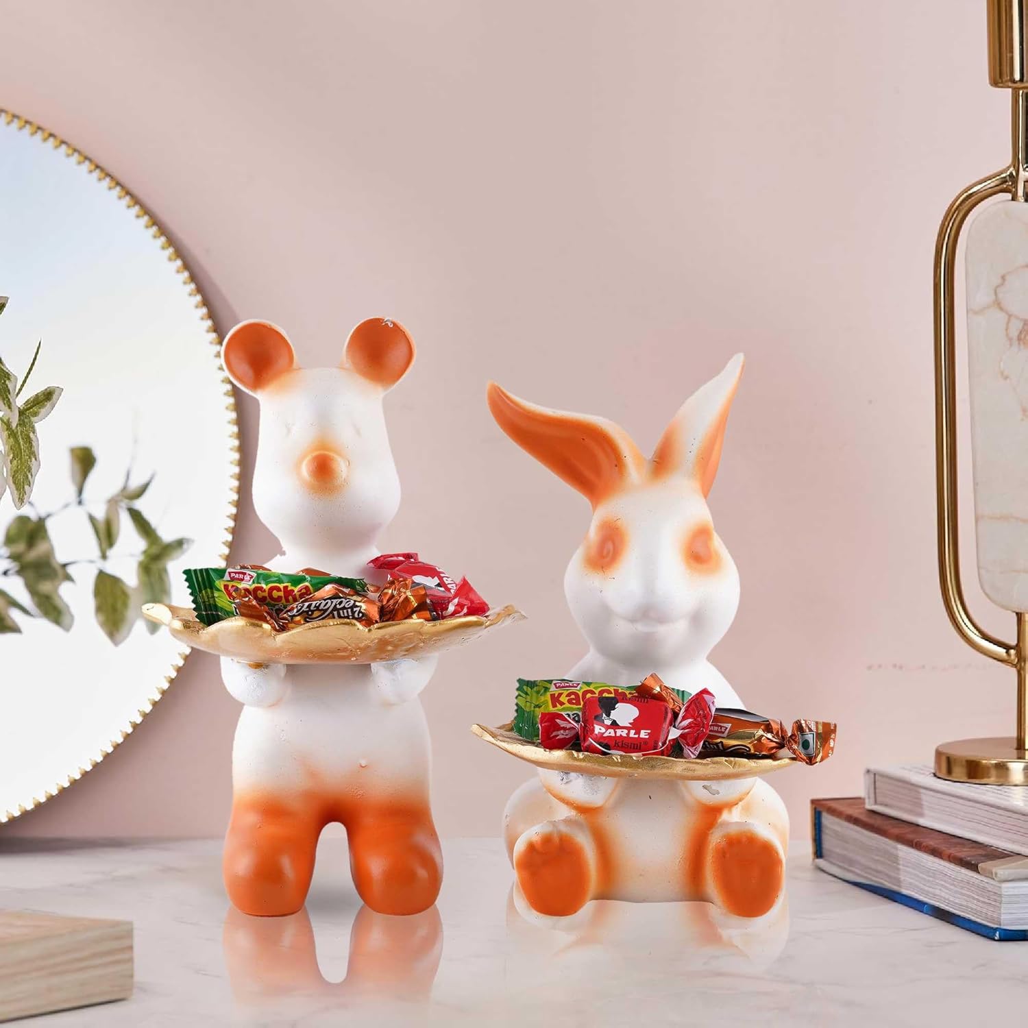 Set of Two White Resin Rabbit Decorative Statues