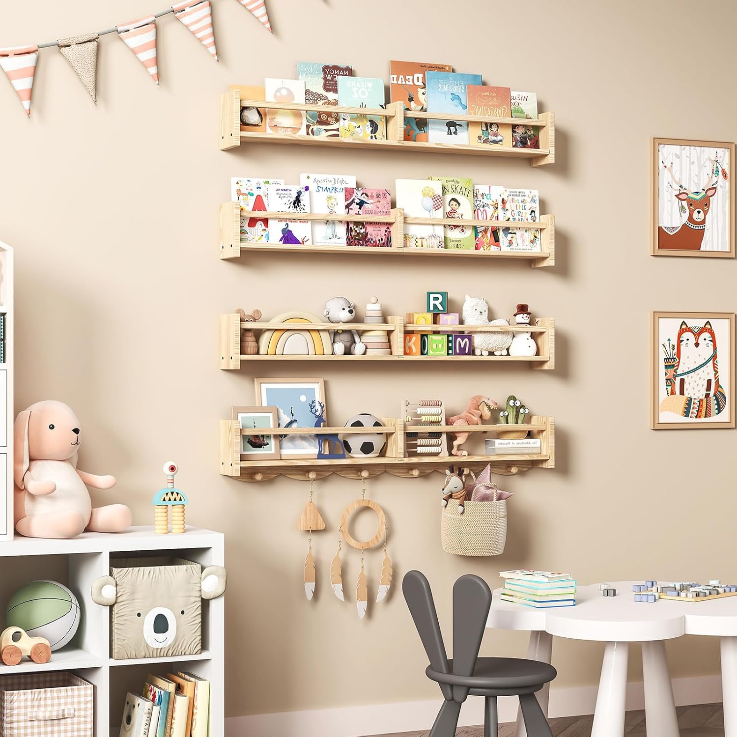 34 Inch Wall Floating Bookshelf Set of 4 with Hooks
