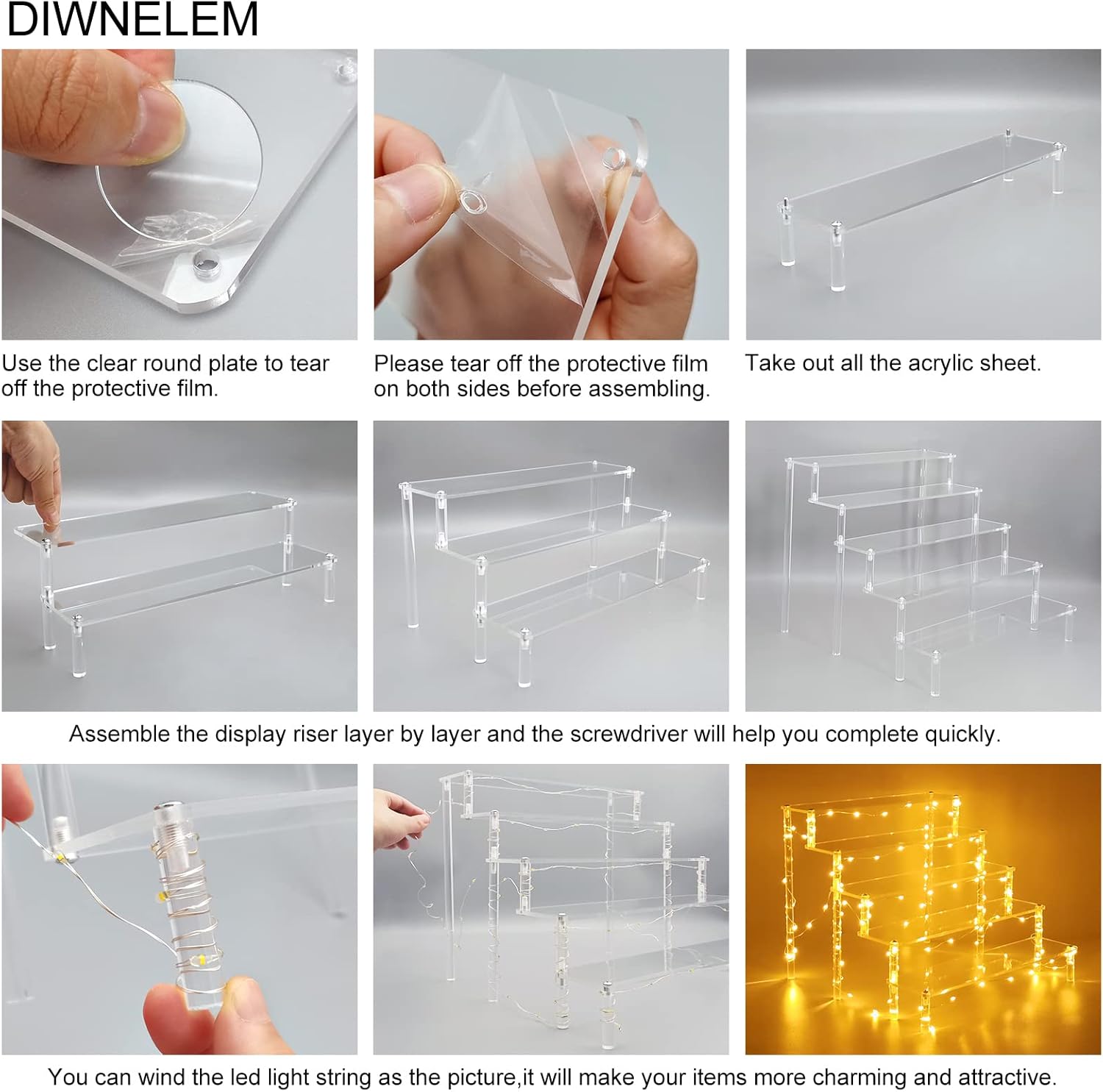 DIWNELEM 5 Tier Acrylic Display Riser with Pink LED Light
