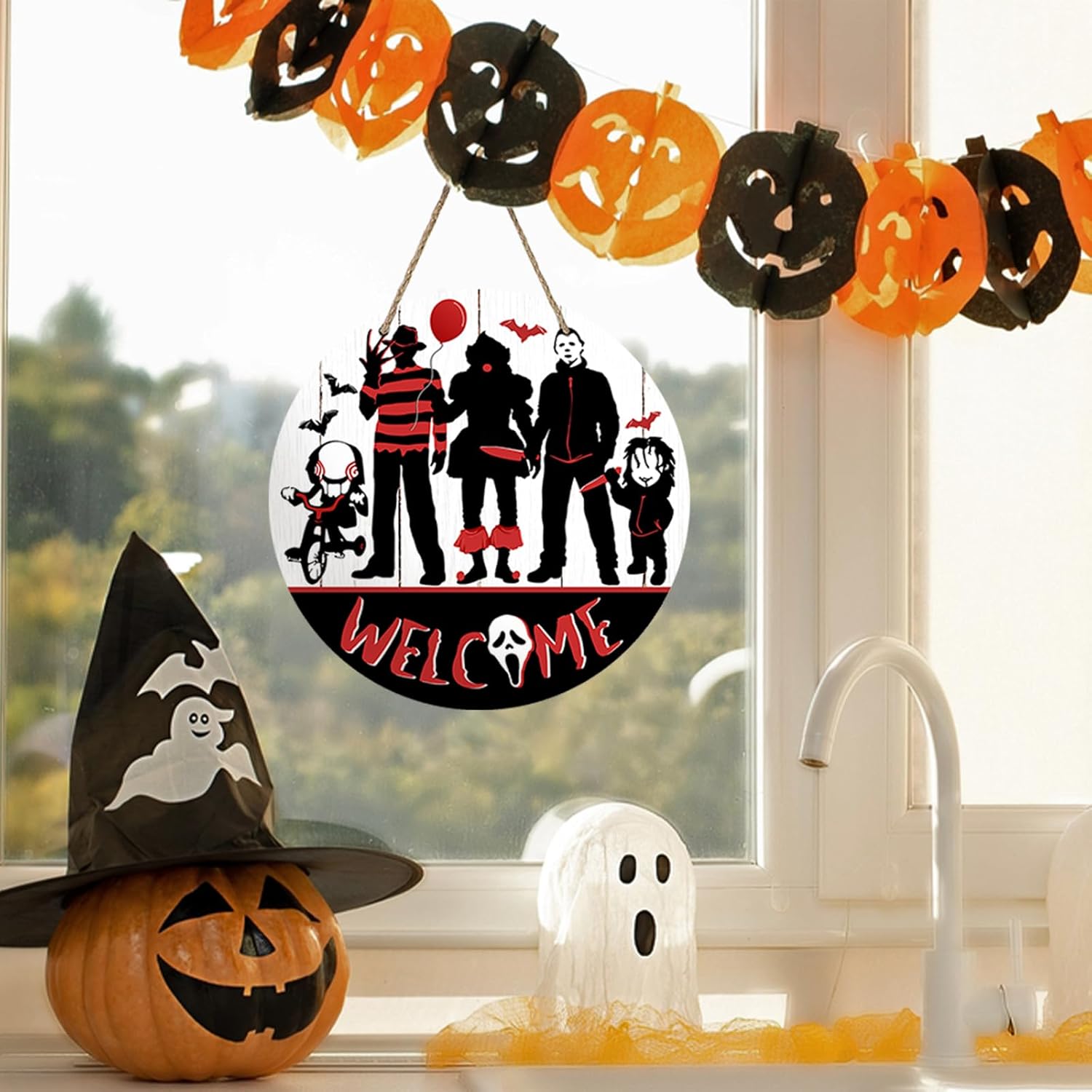 Welcome Halloween Horror Movie Characters Front Door Sign