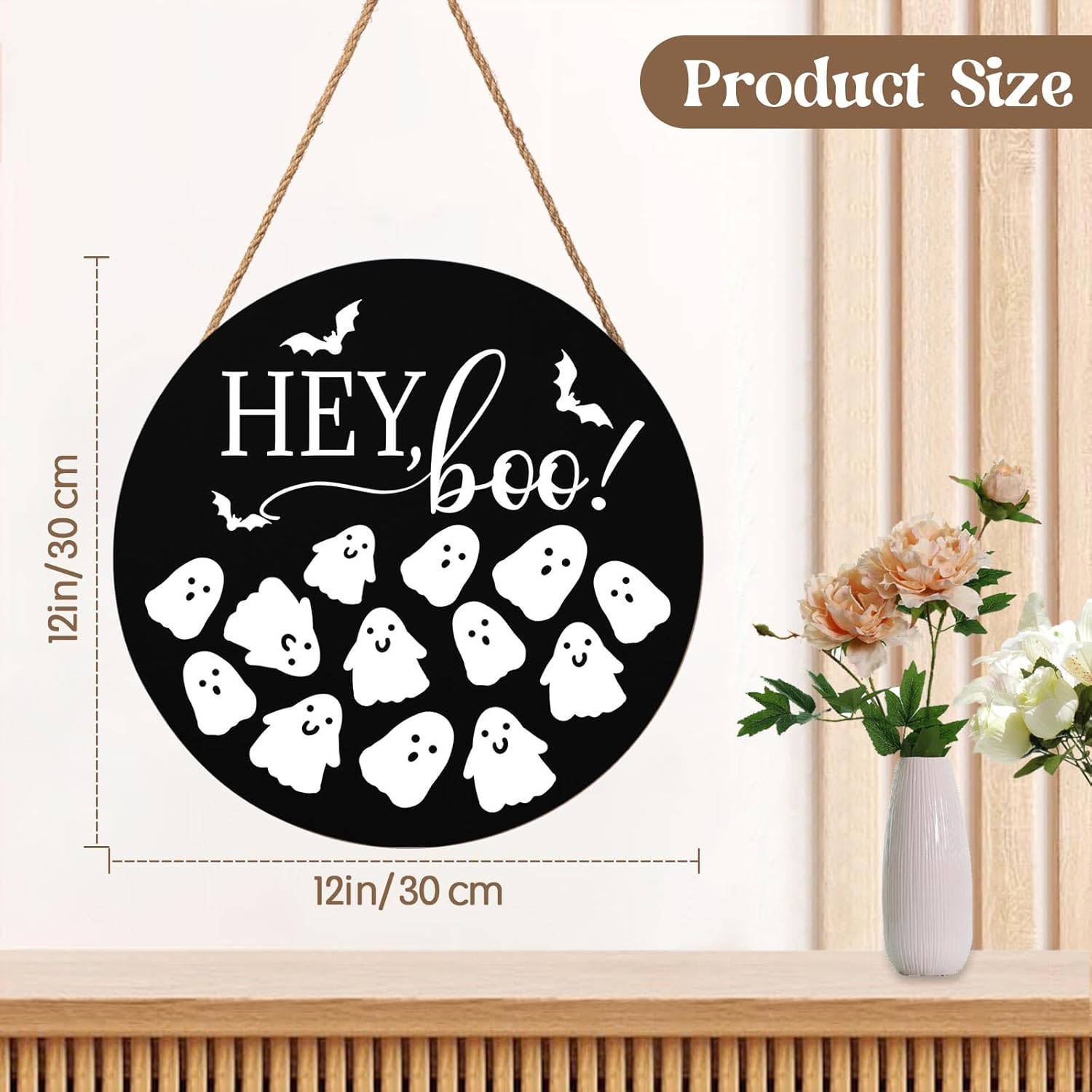 Hey Boo Halloween Wreath 12x12 Inch Wood Door Hanger