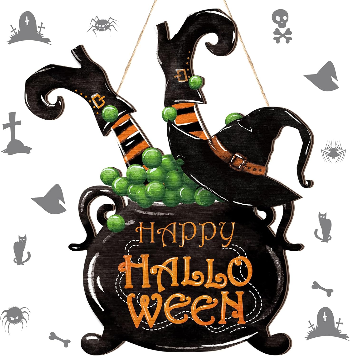Barydat Halloween Welcome Door Sign Skeleton Pumpkin Wreath Decor
