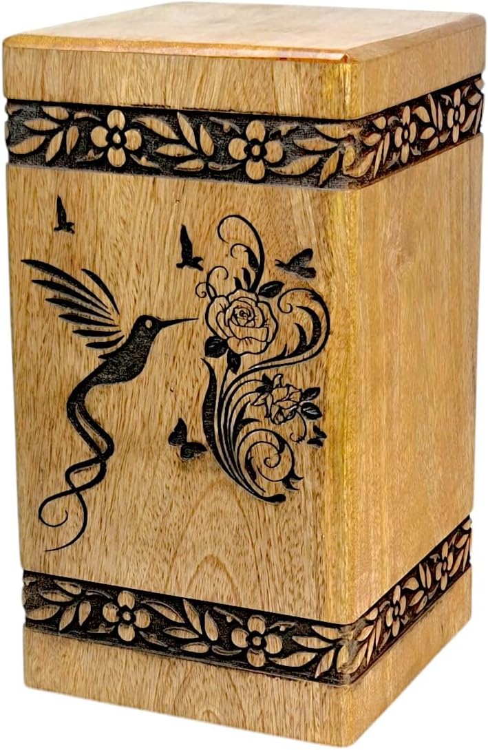 Handcrafted Wooden Cremation Urn with Bird Engraving