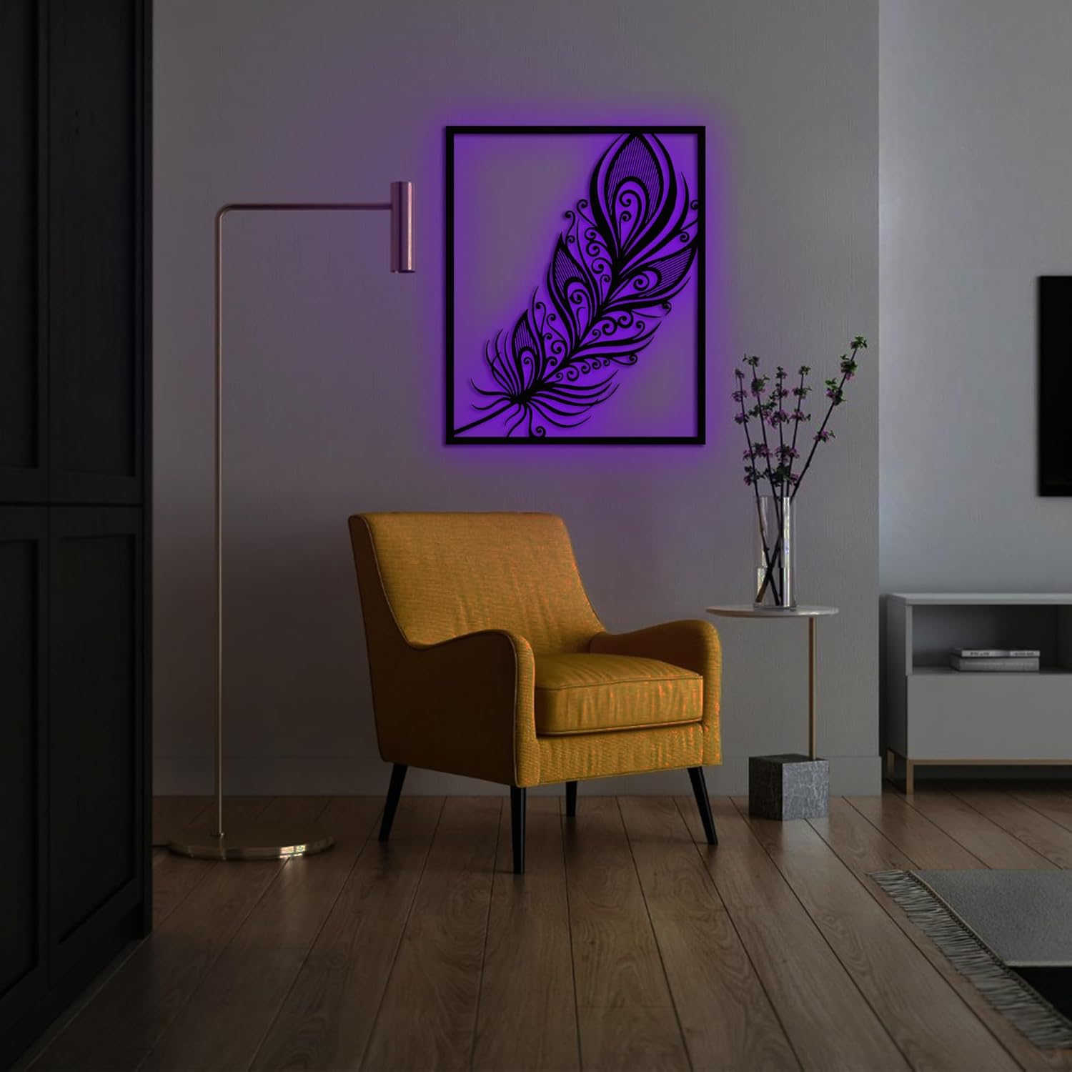 CNC Wood LED Feather Wall Art with RGB Control