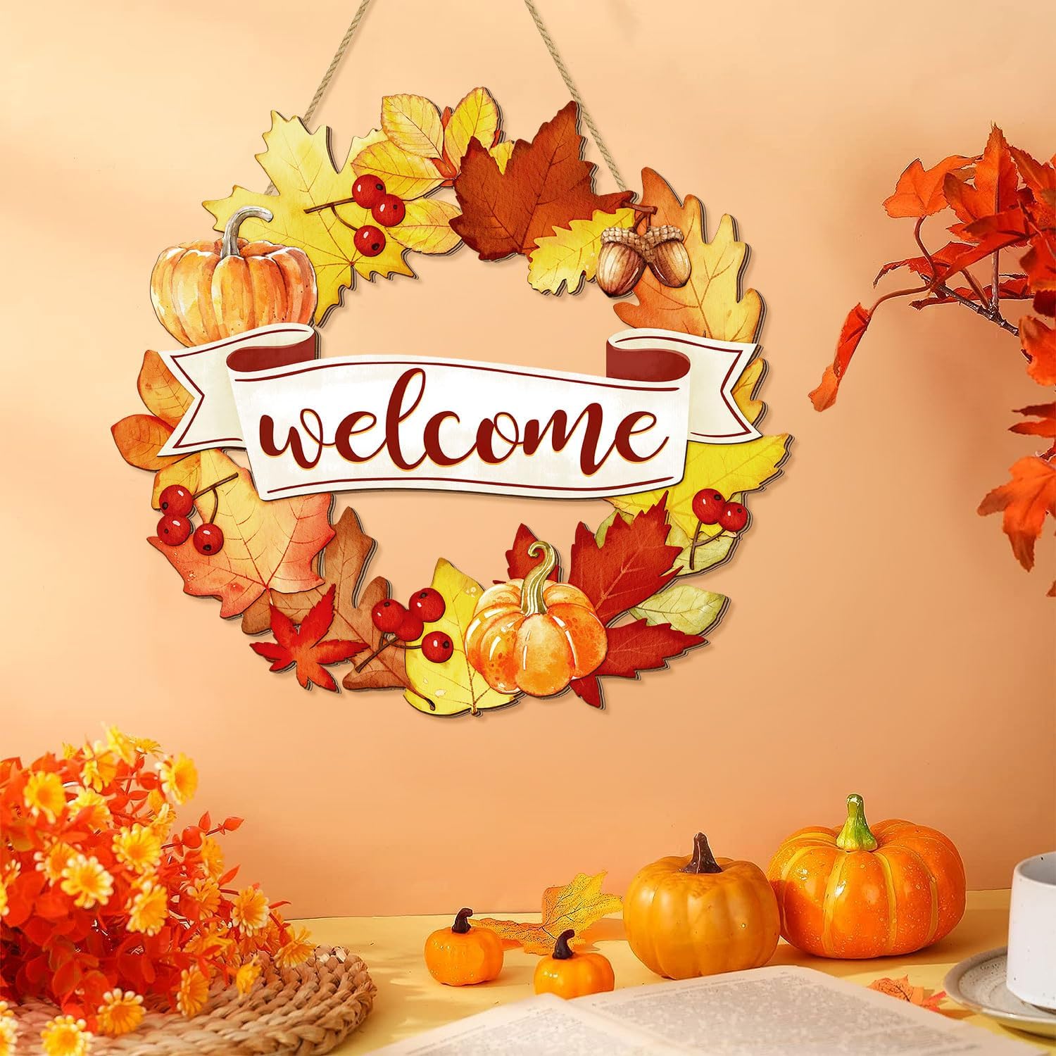 Fall Wood Wreath Front Door Sign Decor