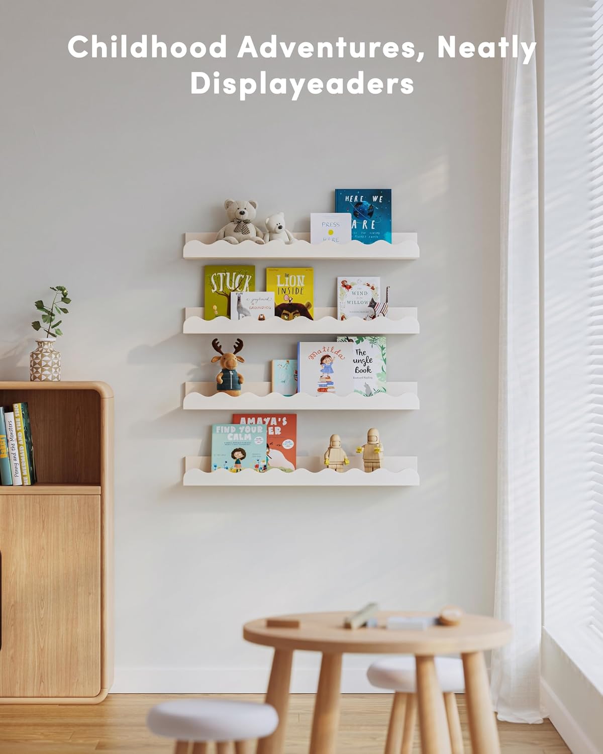 Kids Bookshelf Set of 4 White Floating Wall Shelves