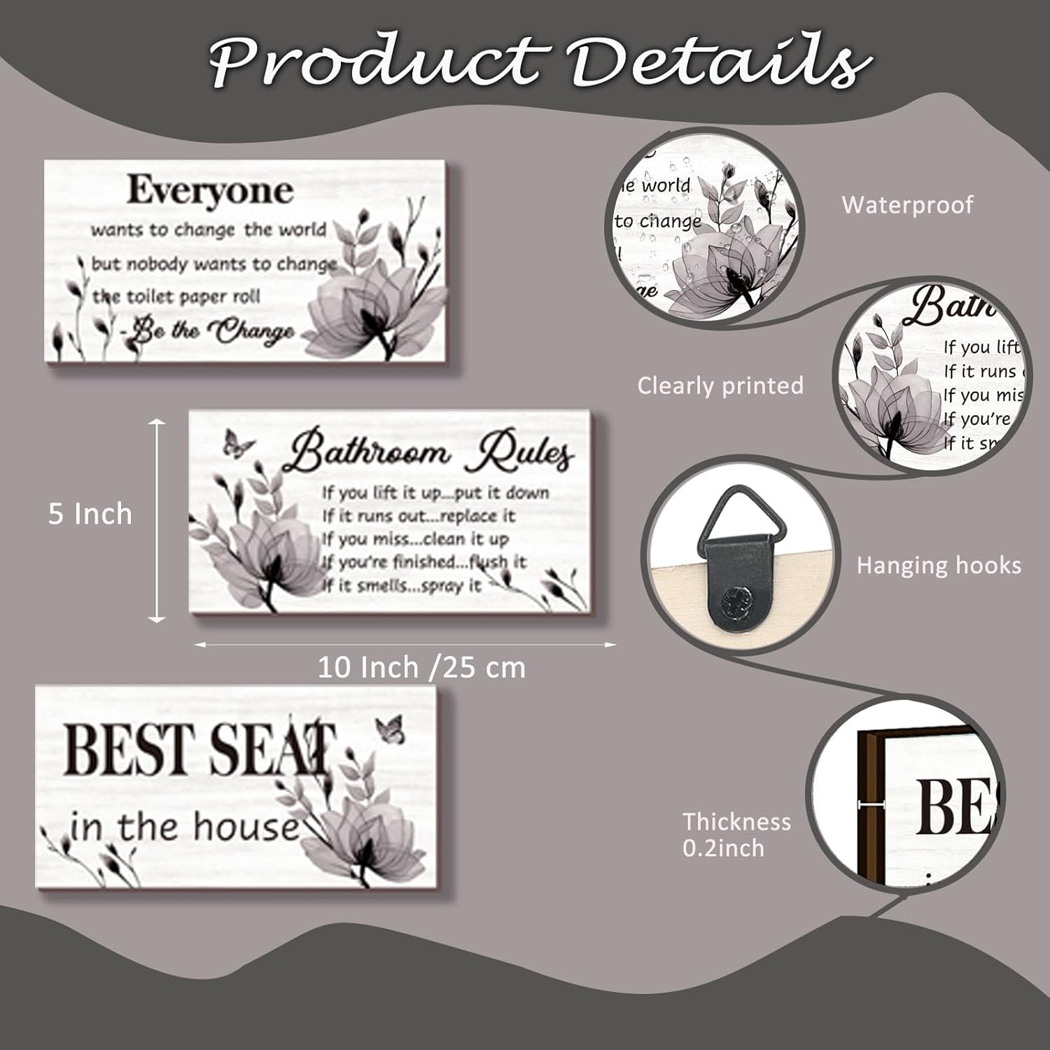 DONFENTHY 3 Pcs Black Wall Art - Rustic Farmhouse Bathroom Rules Signs