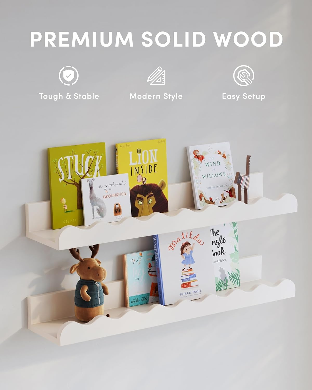 Kids Bookshelf Set of 4 White Floating Wall Shelves