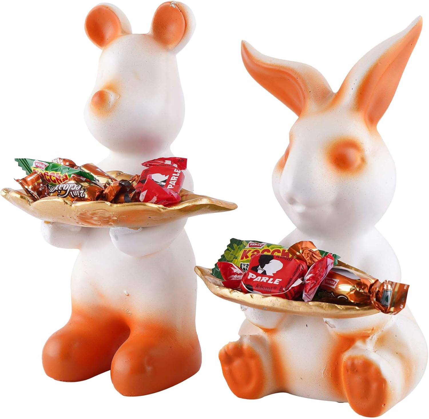 Set of Two White Resin Rabbit Decorative Statues