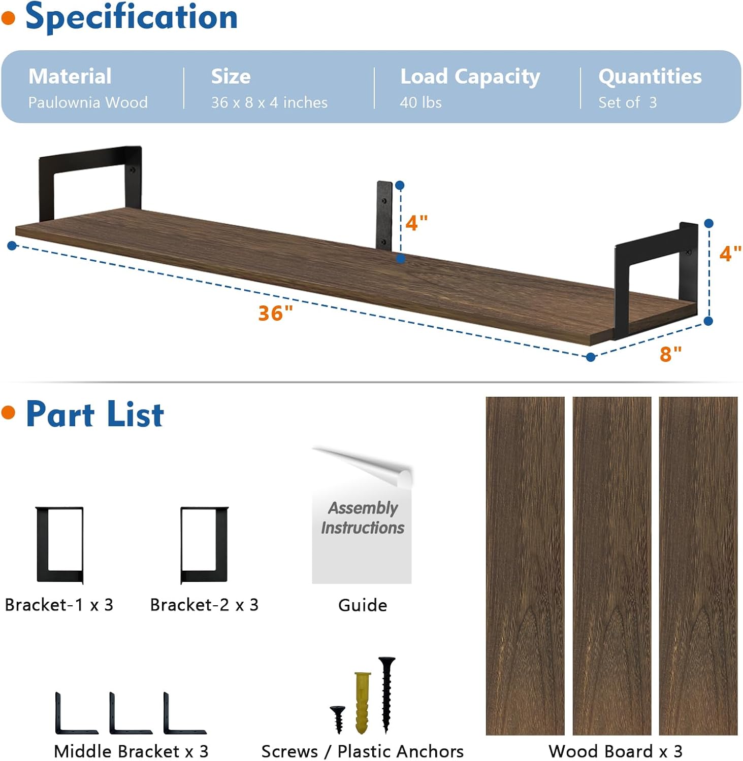 Harwaya Floating Shelves 36 In 8 In Deep Set of 3