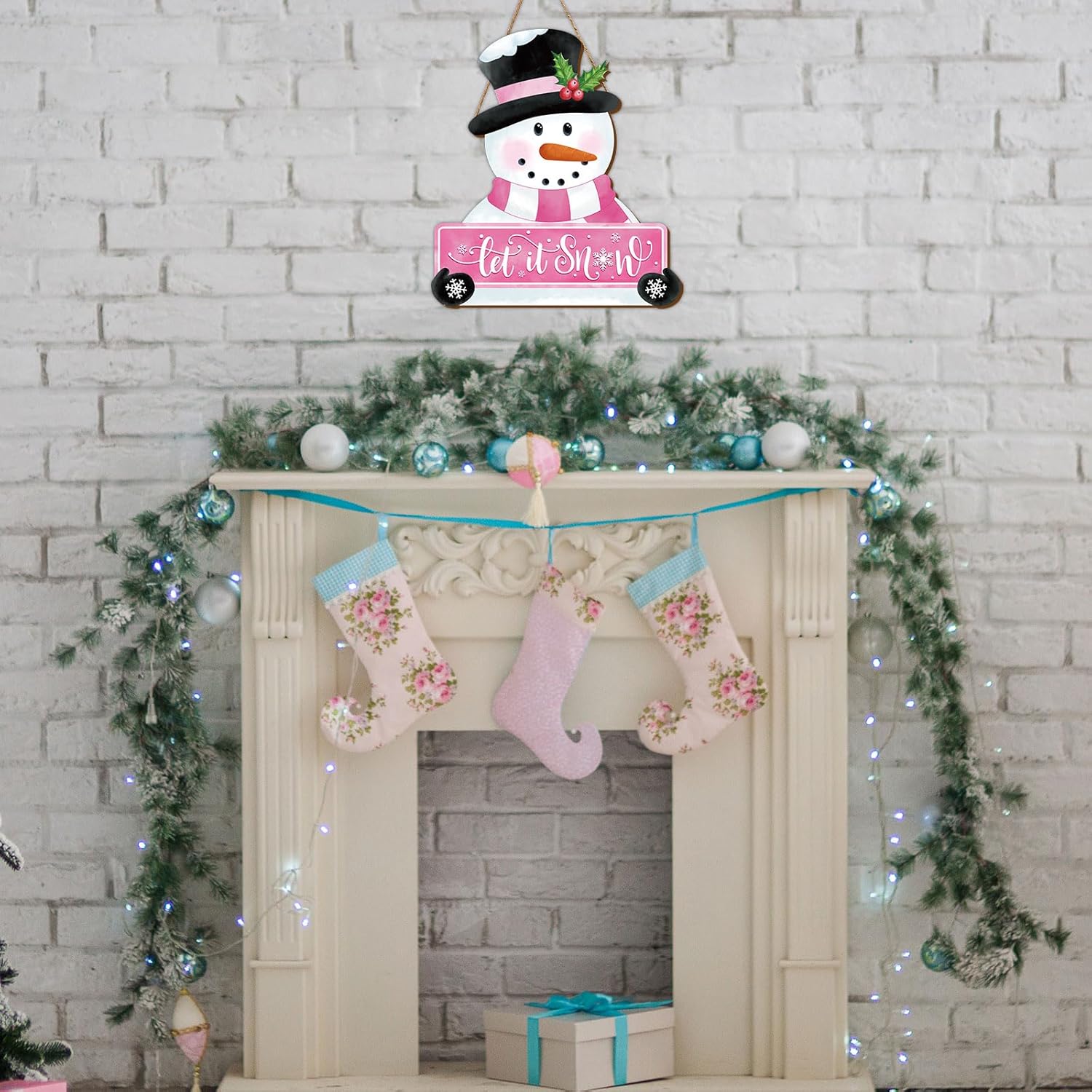 Whaline Pink Snowman Wooden Door Hanger Sign