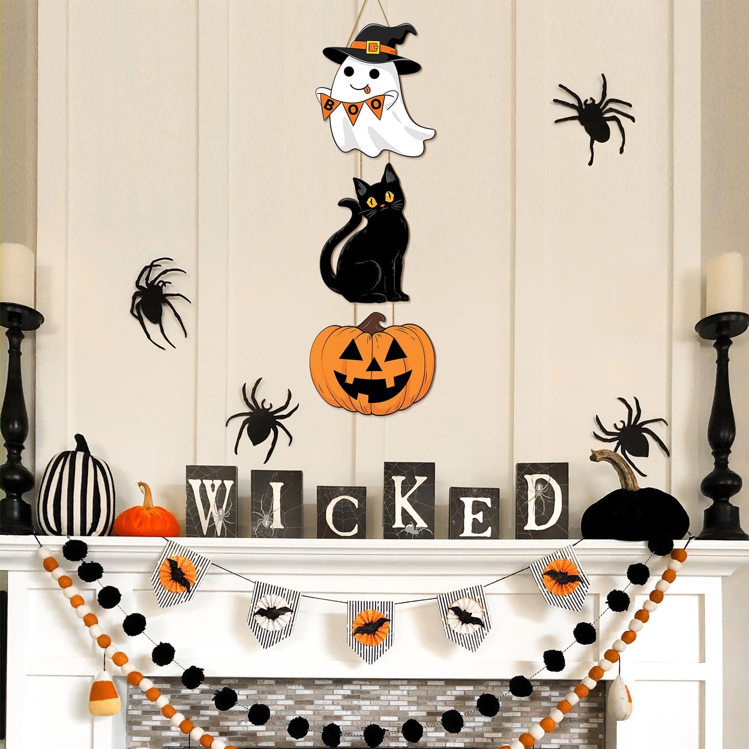 Halloween Decor Wooden Sign with Ghost and Cat