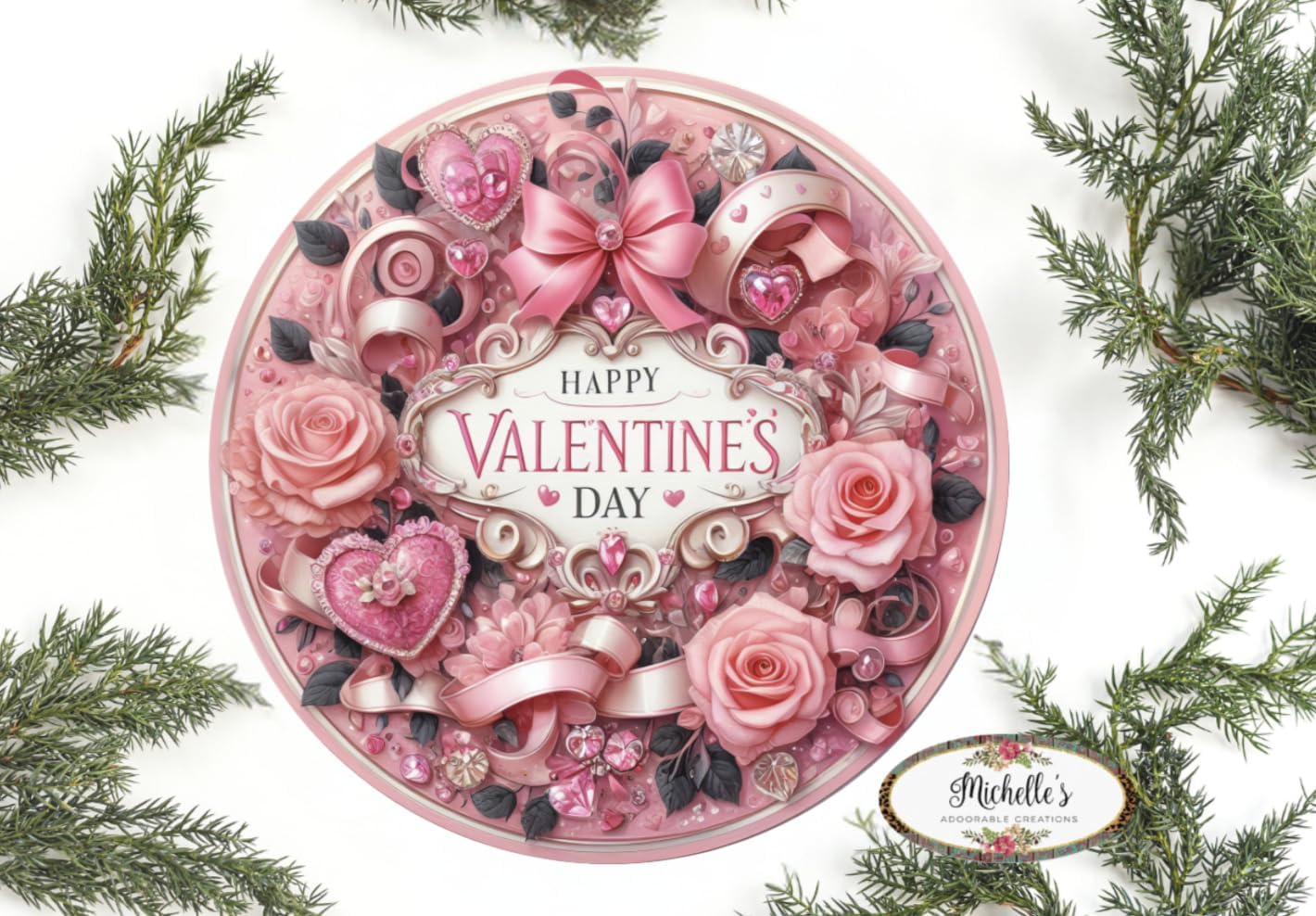 Victorian Valentines Day Pink Round Metal Wall Art Sign Door Hanger