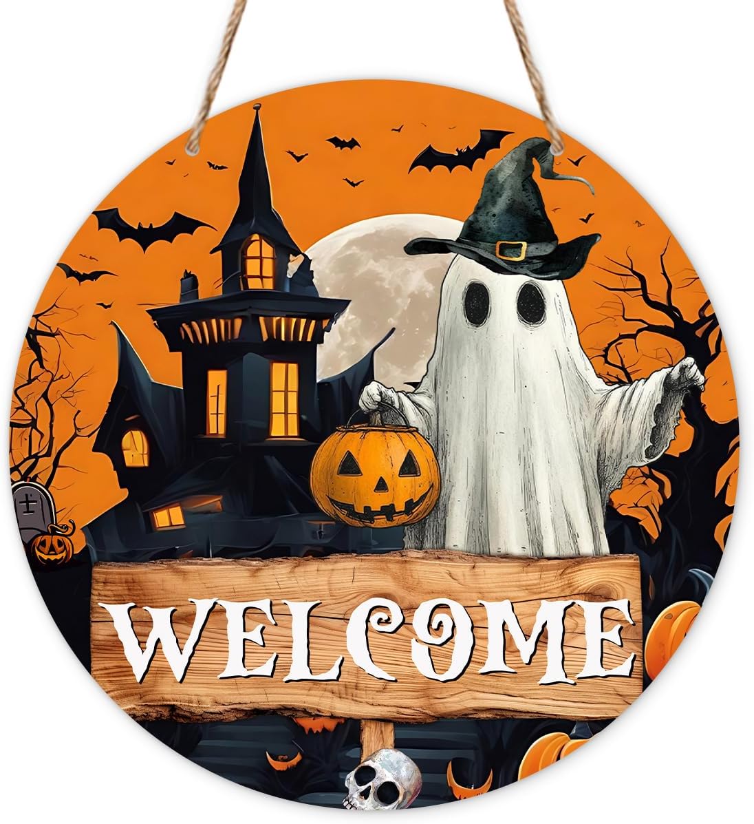 Zyoge Halloween Welcome Sign with Ghost and Pumpkin Design
