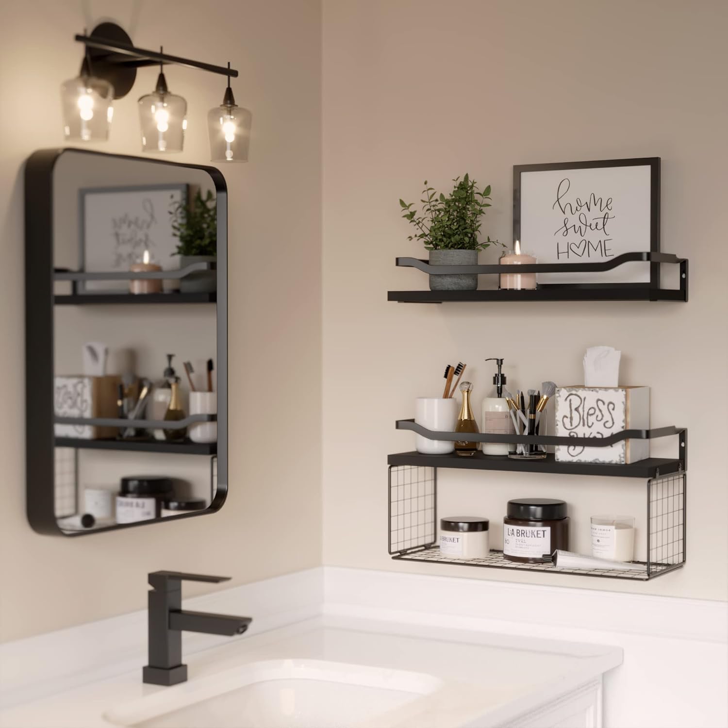 WOPITUES Floating Shelves with Wire Basket and Guardrail