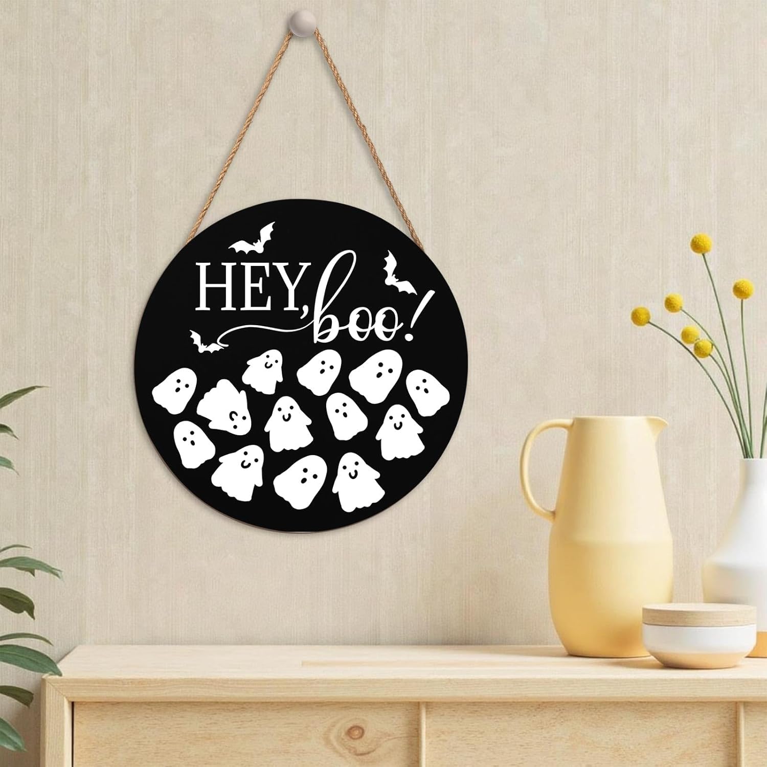 Hey Boo Halloween Wreath 12x12 Inch Wood Door Hanger