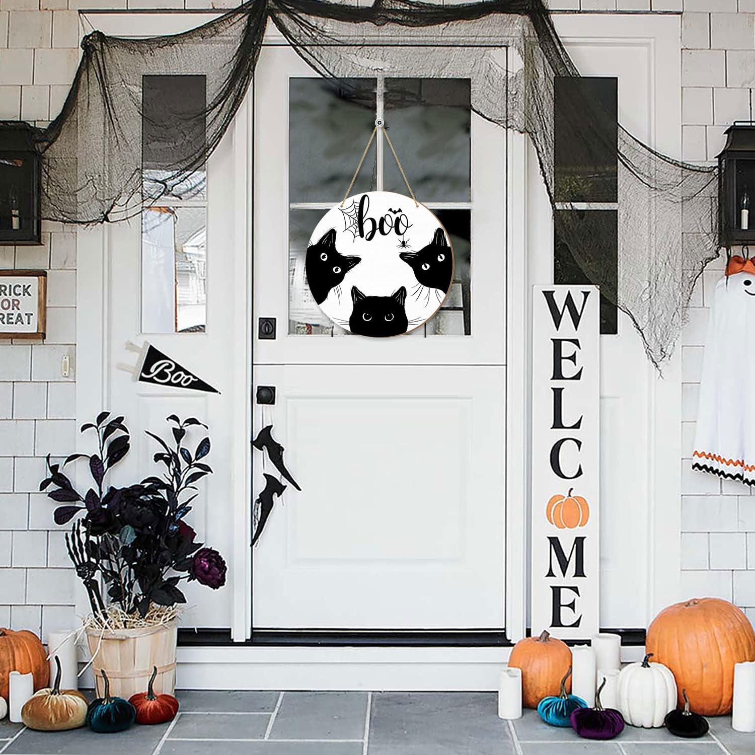 Halloween Black Cat Door Sign with BOO Text